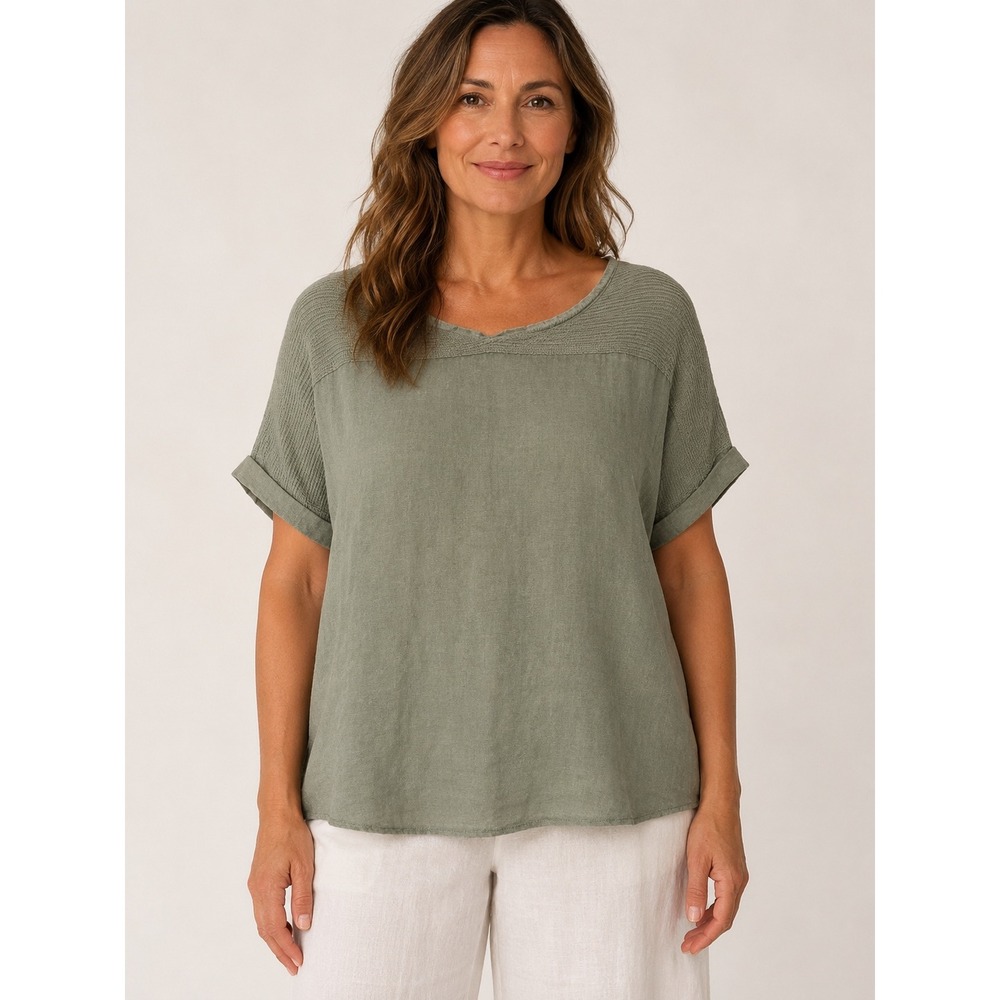 Lungo L'Arno Made in Italy 100% Linen Sage Green Top XL Short Sleeve Lagenlook